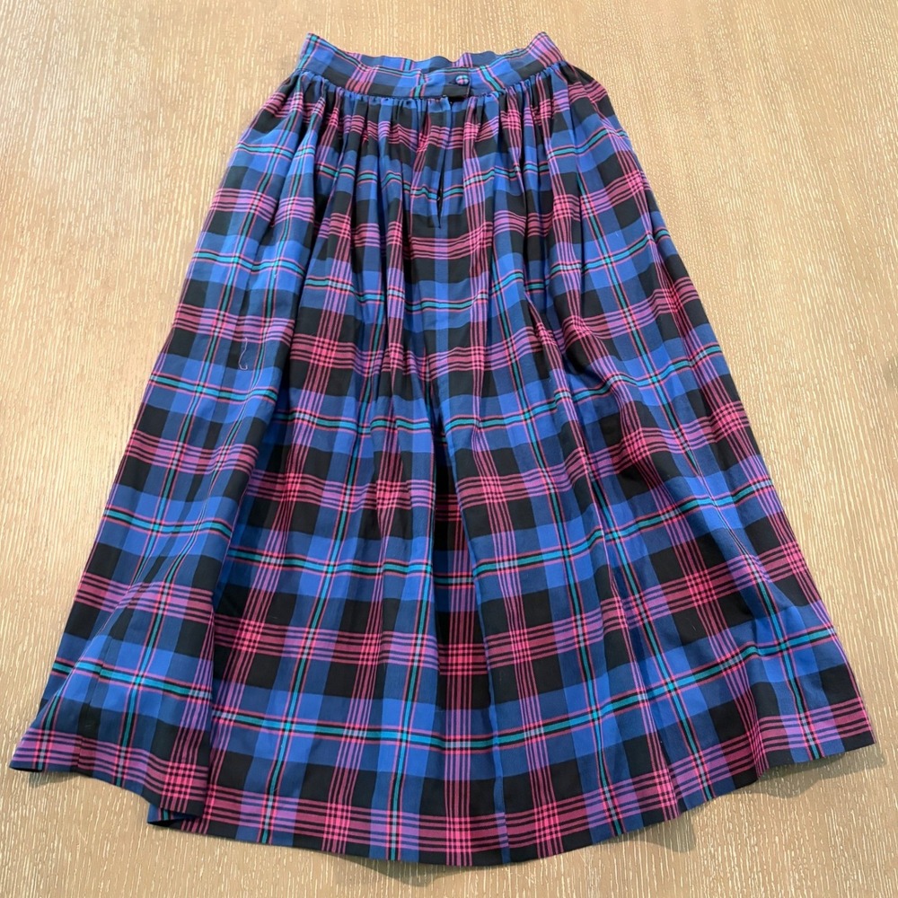 Vintage Jos. A. Bank Women Size 8 Plaid Midi Skirt Blue Pink Black Cotton A-Line
